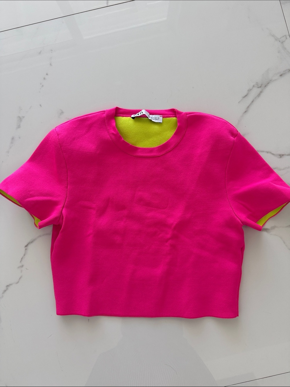 Zara Neon Pink Cropped Tee with Lime Trim
